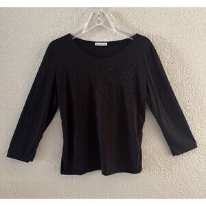 Vintage 80s Embellish Black Knit Top Blouse 3D Roses 3/4 Sleeve Sz M Stretch